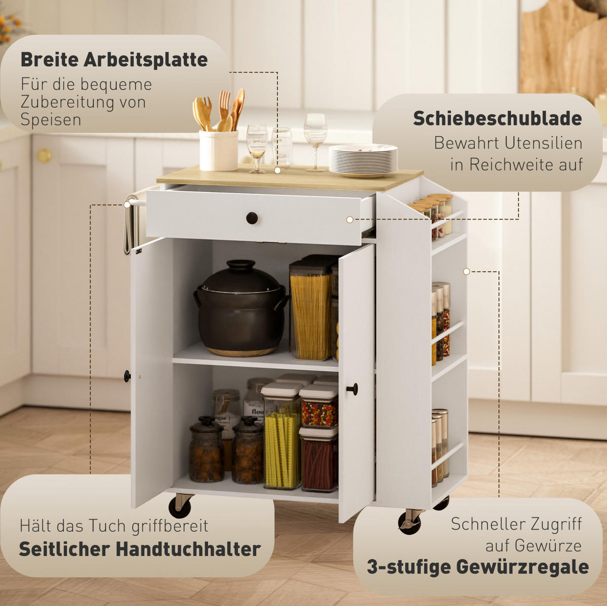 KÜCHENWAGEN 82x38x86.5cm weiß mit Schublade, Schrank & Gewürzregalen - Weiß, Holzwerkstoff (82/86.5/38cm) - Modfu