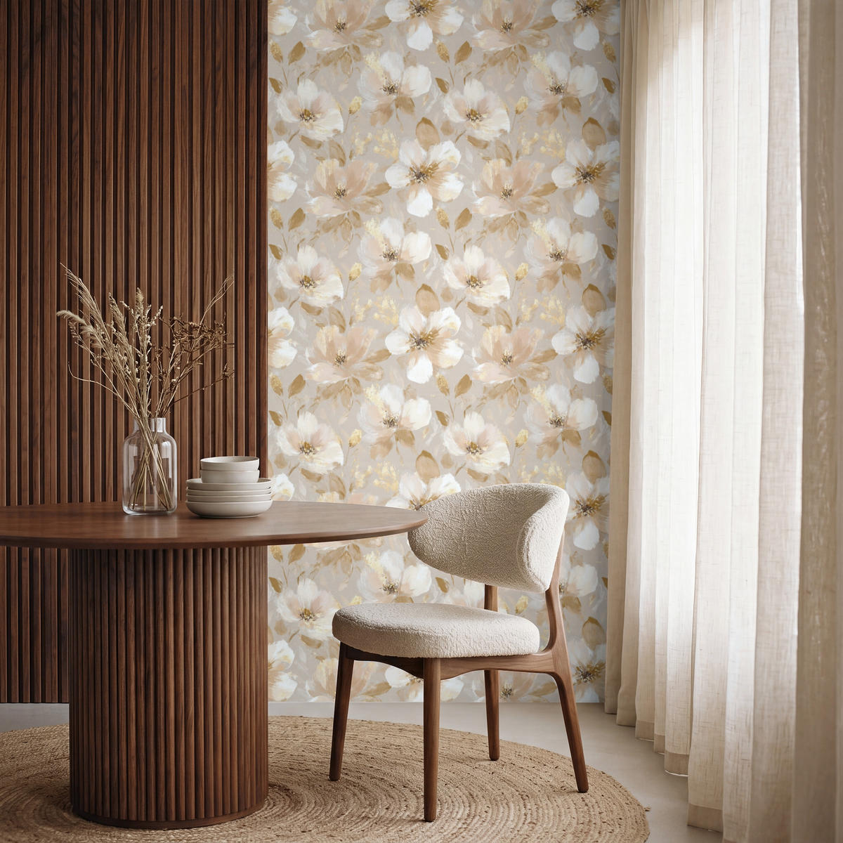 TAPETE - Blumen - künstlerisch - Gold - 120x220 cm - Beige, Papier (120/220cm) - OnlyWow