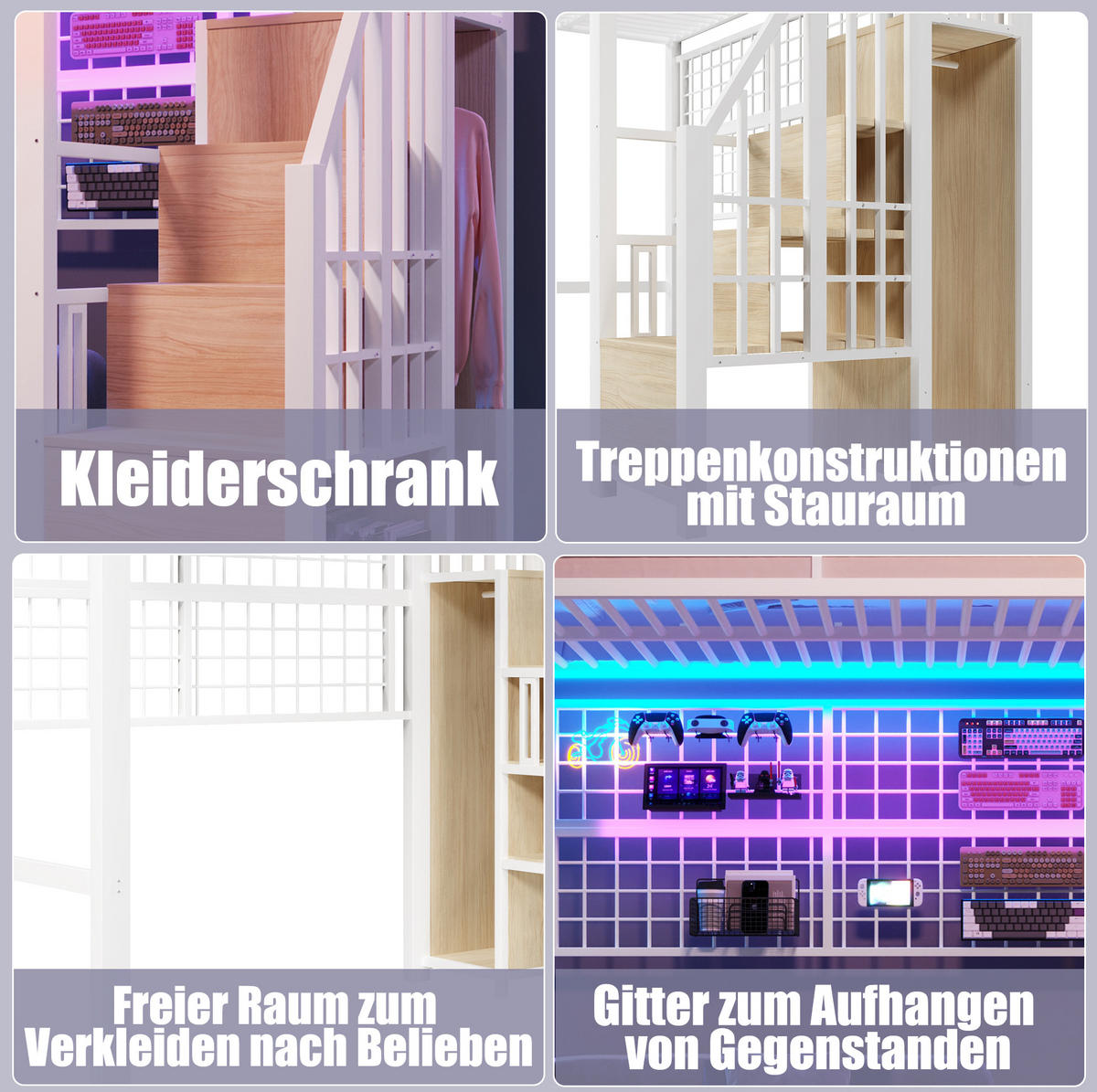 HOCHBETT 90/200 cm mit Stauraumleiter, Kleiderschrank, Hängegitter und 7-Farben-LED, Metall, Weiß - Weiß, Metall (90/200cm) - Redom
