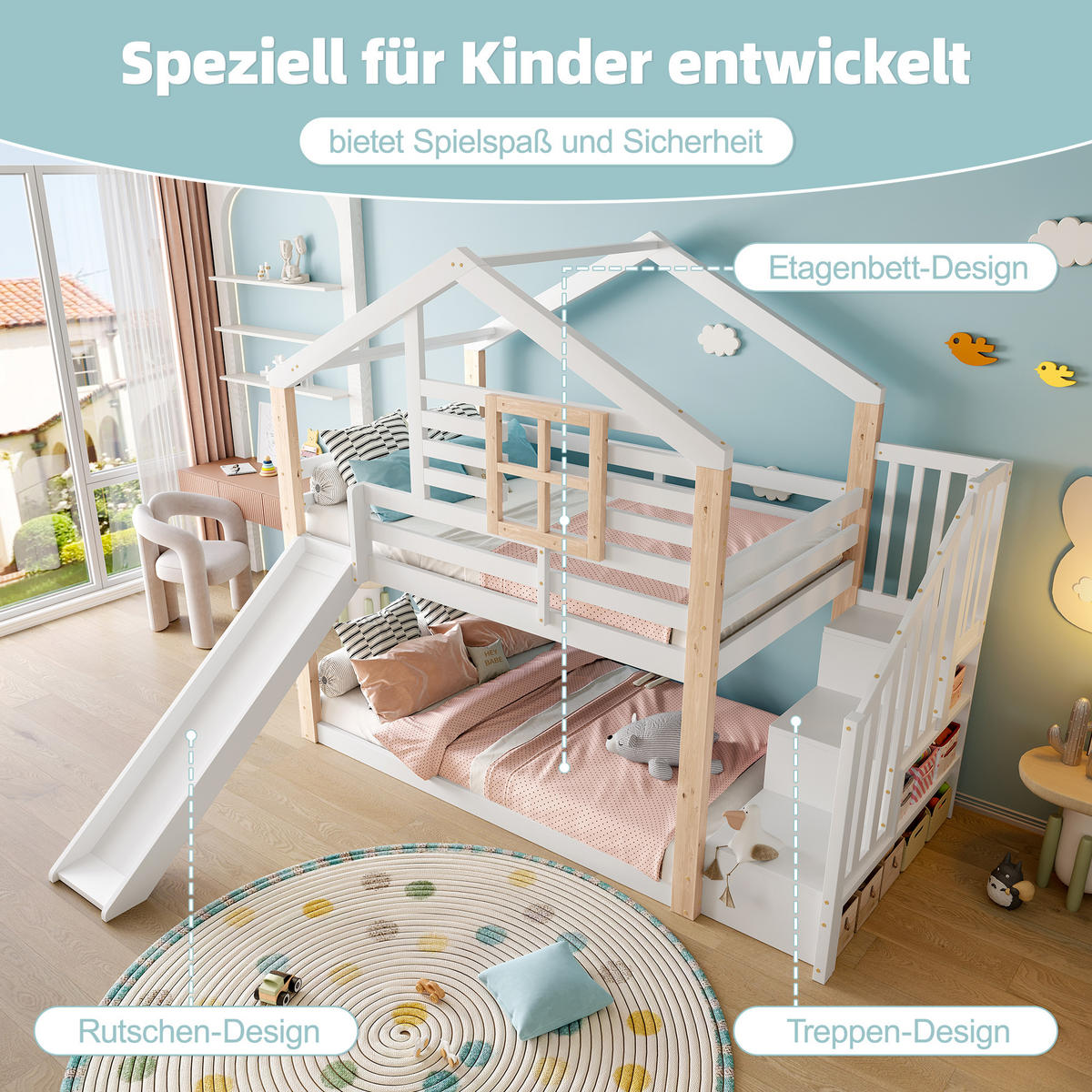 ETAGENBETT 90x200 cm Rutsche Treppe Holz - Weiß, Holz (90/200cm) - LEBENLANG