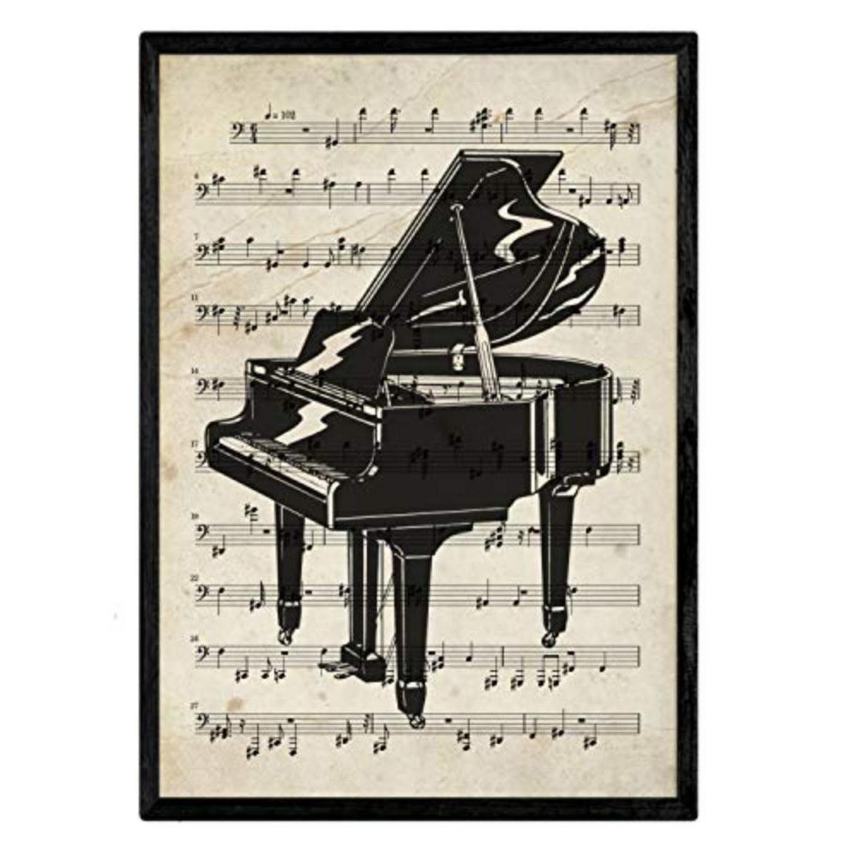 POSTER Set mit 4 Instrumente mit Noten Klavier, Geige, Cello, Akkordeon A4 Schwarzer Rahmen - Schwarz, Papier (29.7/3cm) - Nacnic