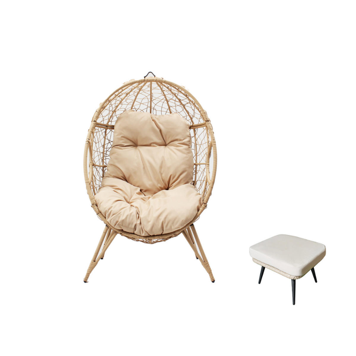 GARTEN Hängemuschel Set mit Fußhocker und Kissen Beige Rattanoptik - Beige, Kunststoff (82/155/95cm) - Concept Usine