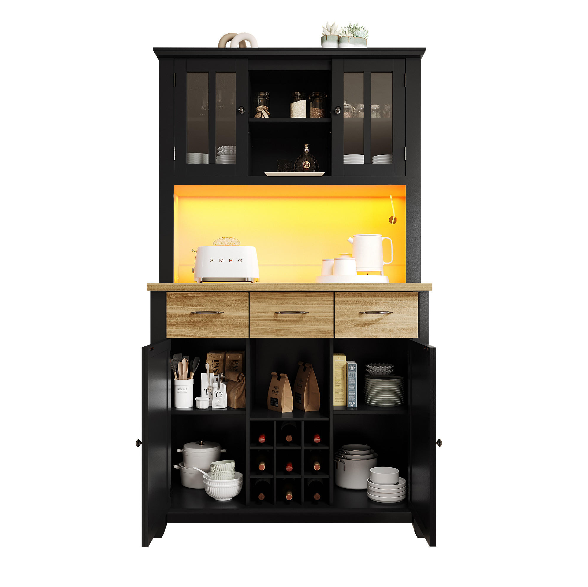 KÜCHENBUFFET 106/40/179,5 cm schwarz aus MDF mit LED - Schwarz, Holzwerkstoff (106/179.5/40cm) - OKWISH