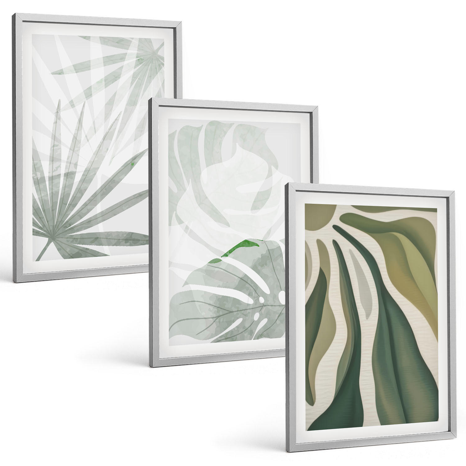 BILDER SET 3er Set - 40x60 cm Silberner Rahmen - Blätter von Pflanzen in Grün und Grau - Silberfarben, Kunststoff (40/60cm) - TULUP