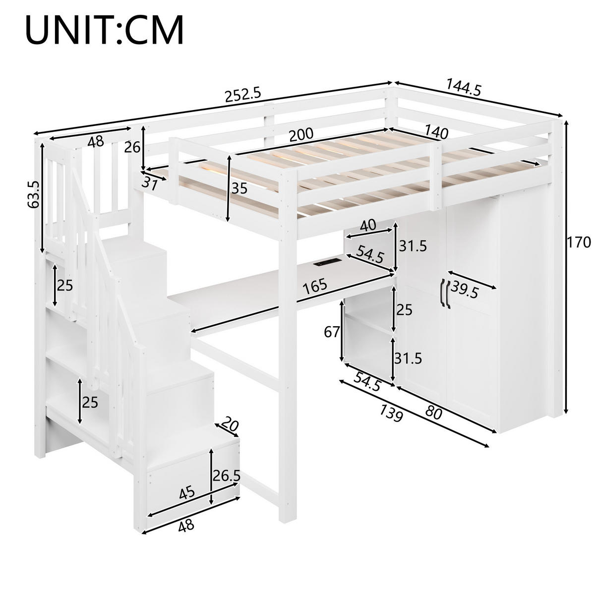 HOCHBETT aus Kiefernholz 140x200 cm Weiß mit Schreibtisch, Kleiderschrank, Stauraumtreppe, LED und USB - Weiß, Holzwerkstoff (140/200cm) - IVMEU