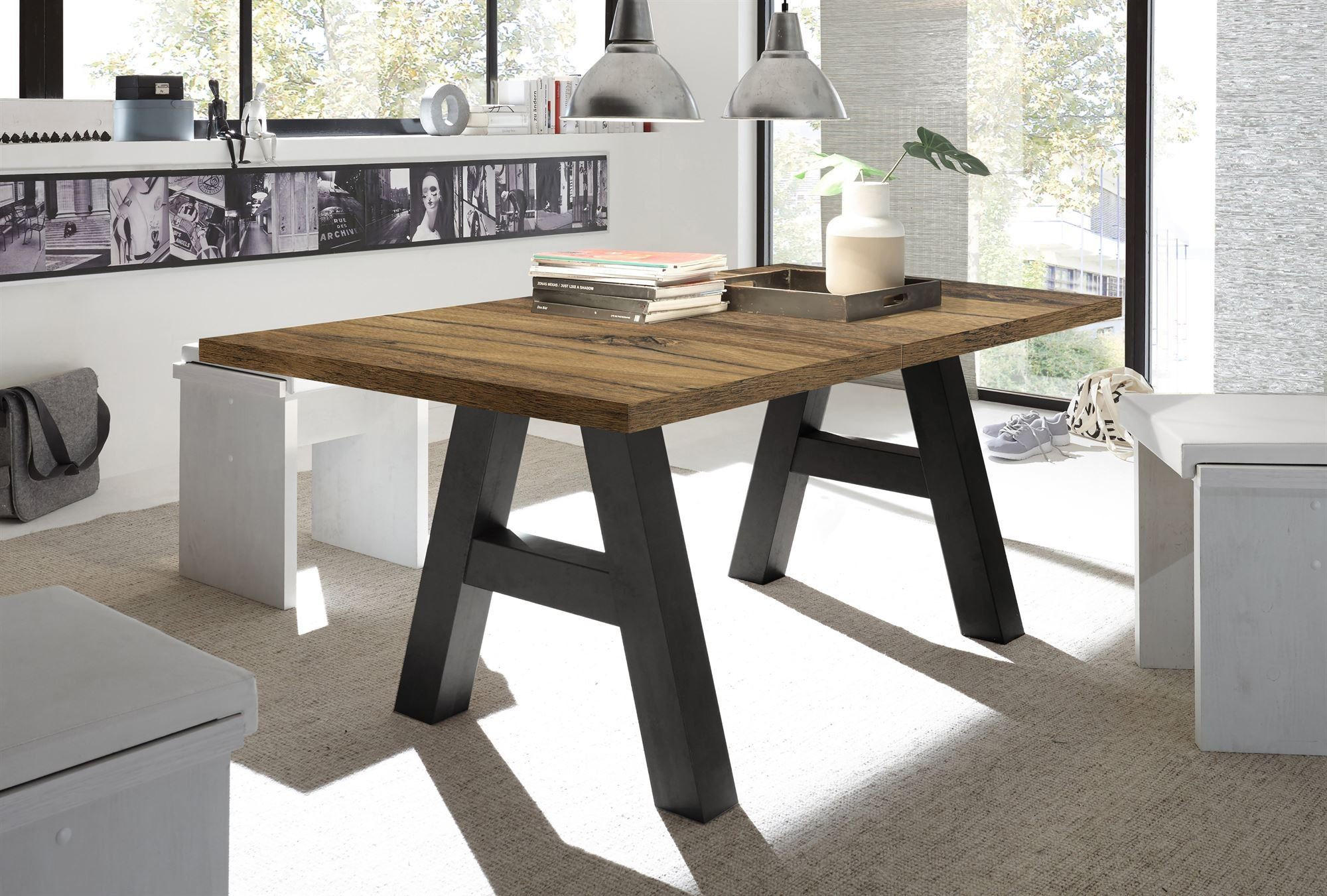 ESSTISCH ausziehbar Elia 7 140 x 90 x 75 Esszimmertisch Schwarzstahl/Plankeneiche - Alteiche, Holz (140/90/75cm) - 58aufmkessel