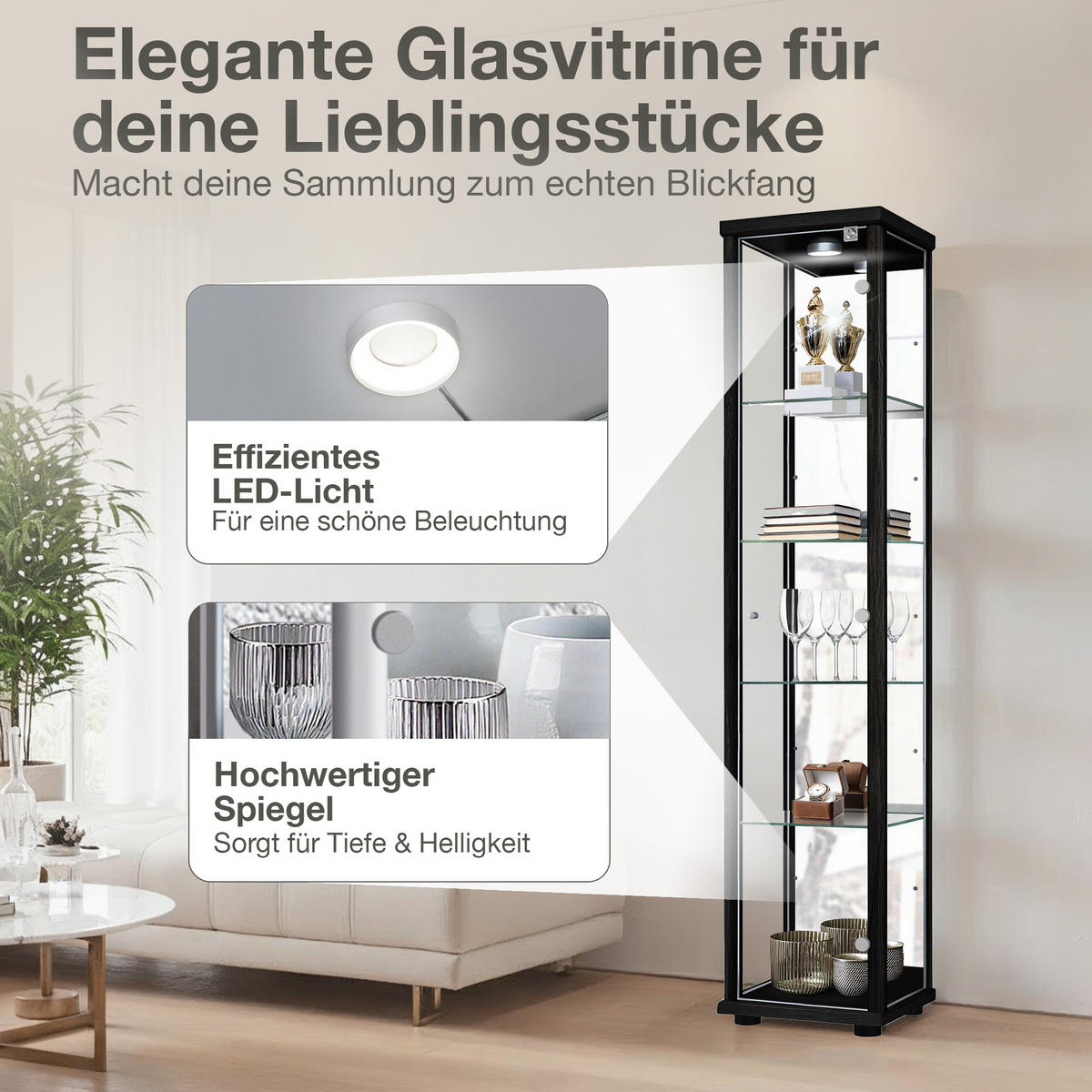 GLASVITRINE 33/37/176 cm mit Spiegel, LED, Schloss & 4 höhenverstellbaren Glasböden - Transparent/Silberfarben, Glas/Holzwerkstoff (37/176/33cm) - K-Möbel