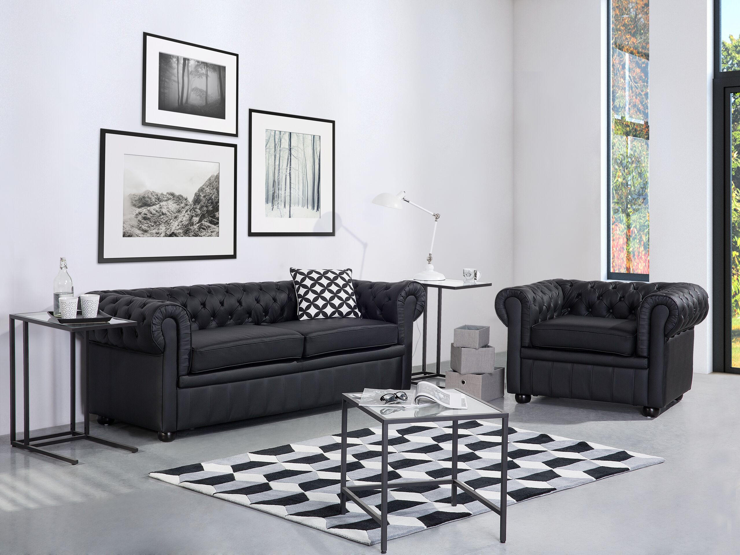 SOFA Leder Schwarz Chesterfield - Schwarz, Leder/Fell (195/75cm) - Beliani