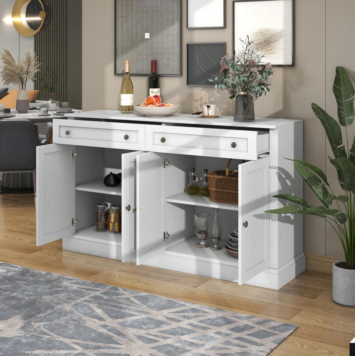 SIDEBOARD 150/40/86 cm mit 4 Türen & 2 Schubladen in Antikweiß - Weiß, Holzwerkstoff (150/86/40cm) - BEAOK
