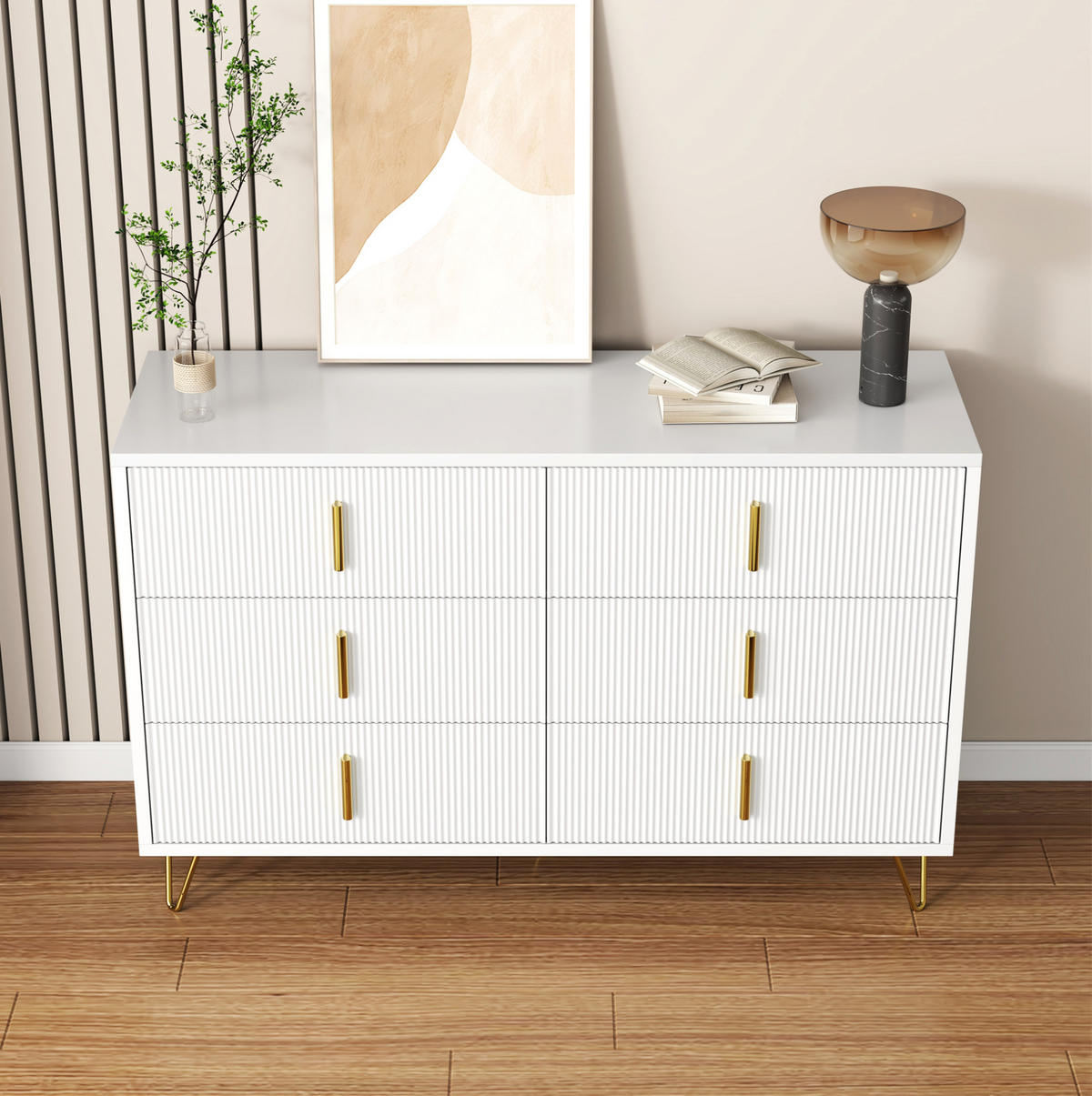 SIDEBOARD 120/40/77 cm weiß/gold aus Spanplatte mit 6 Schubladen - Weiß, Holzwerkstoff (120/77/40cm) - OKWISH