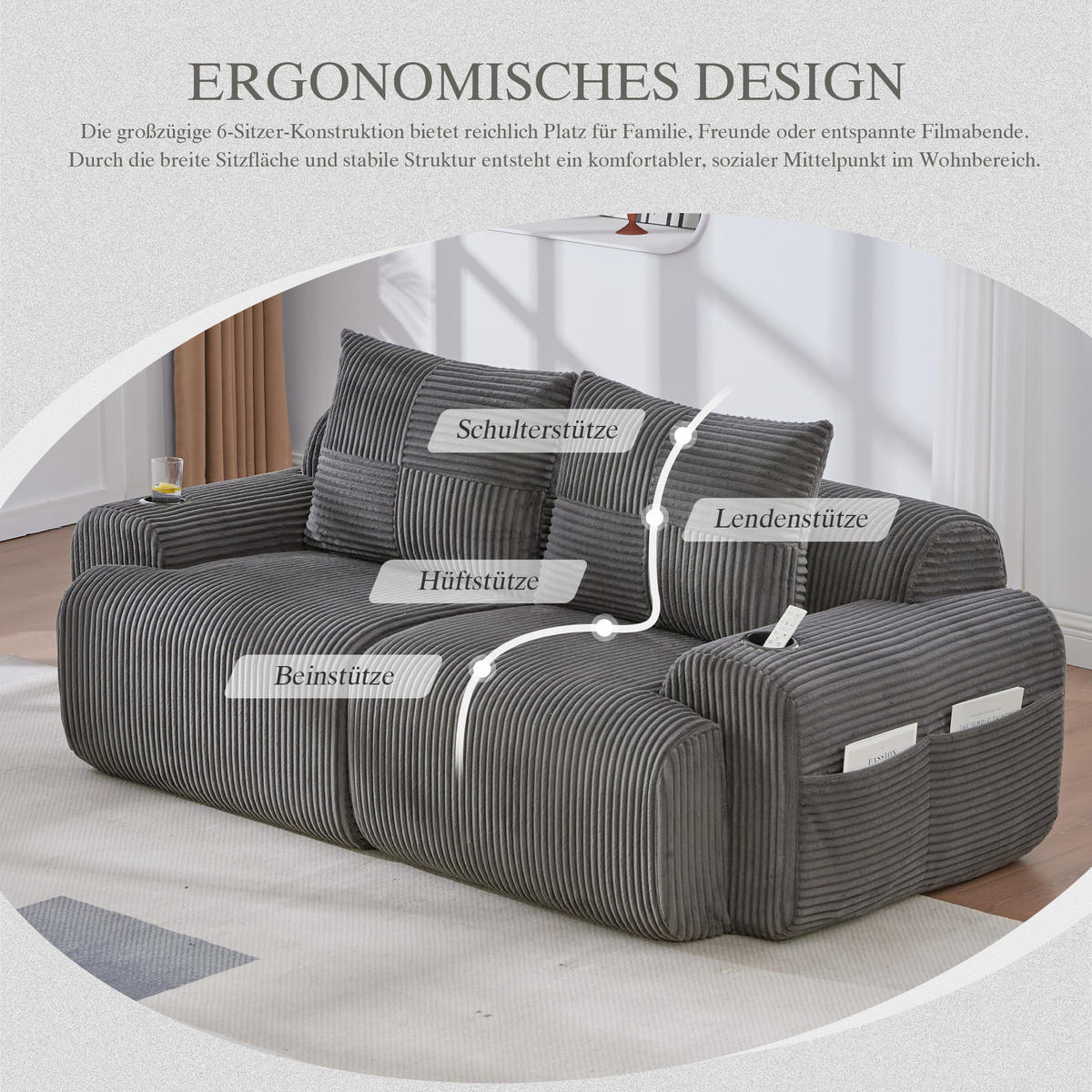 2-SITZER Sofa Cordstoff mit Getränkehalter und Seitentasche 200/99/80 cm Dunkelgrau - Dunkelgrau, Textil (99/80/200cm) - Redom