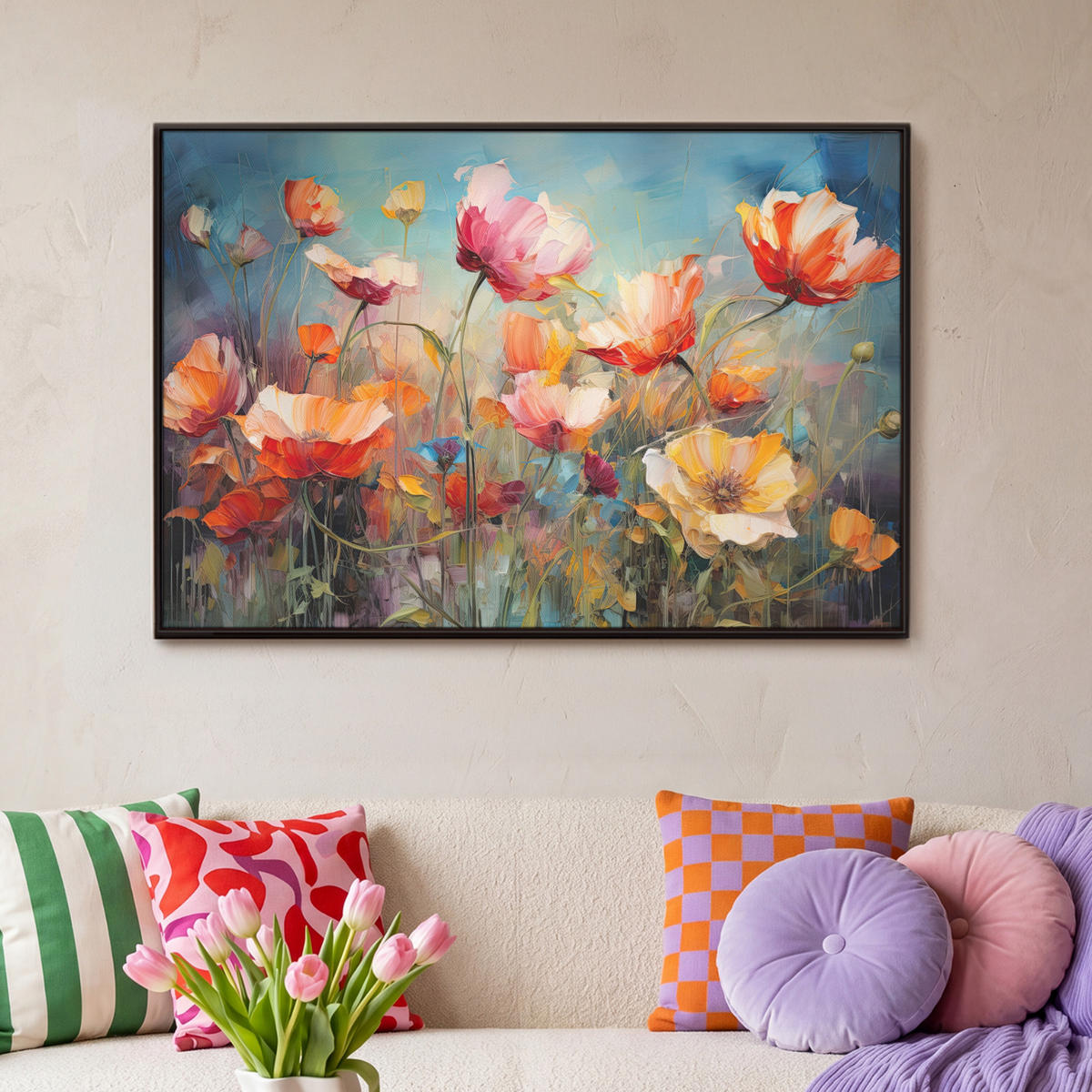 LEINWAND Bilder mit Rahmen - Blumen - Aquarell - Kunst - Botanisch - Natur - 90x60 - Orange, Textil (90/60cm) - MuchoWow