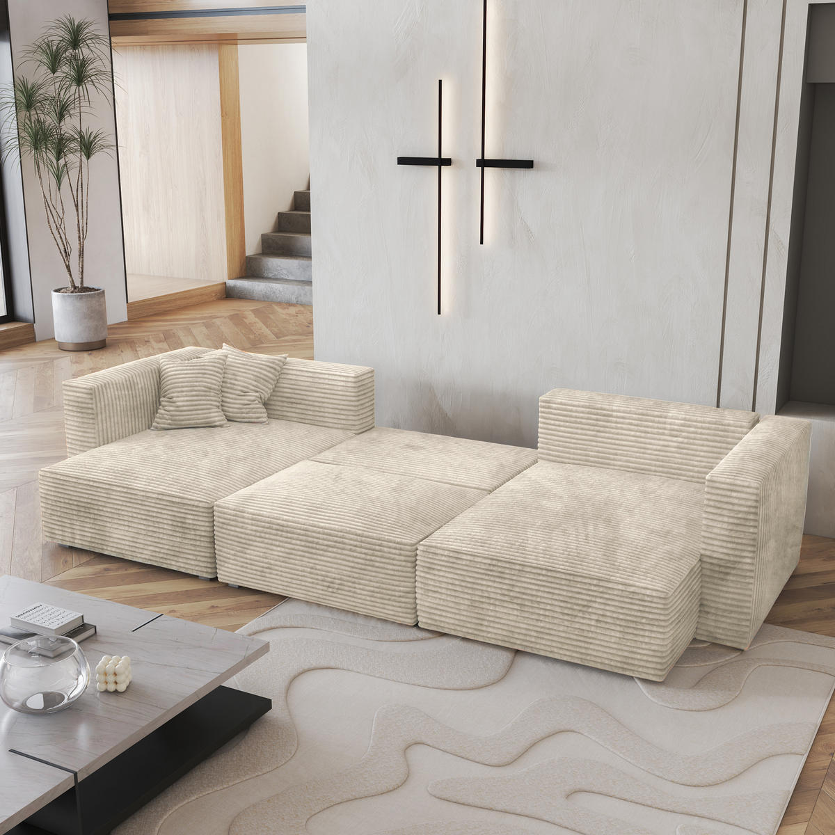 WOHNLANDSCHAFT SARMO Creme Kordstoff mit Schlaffunktion - Creme, Holz (347/90/148cm) - MASSENO