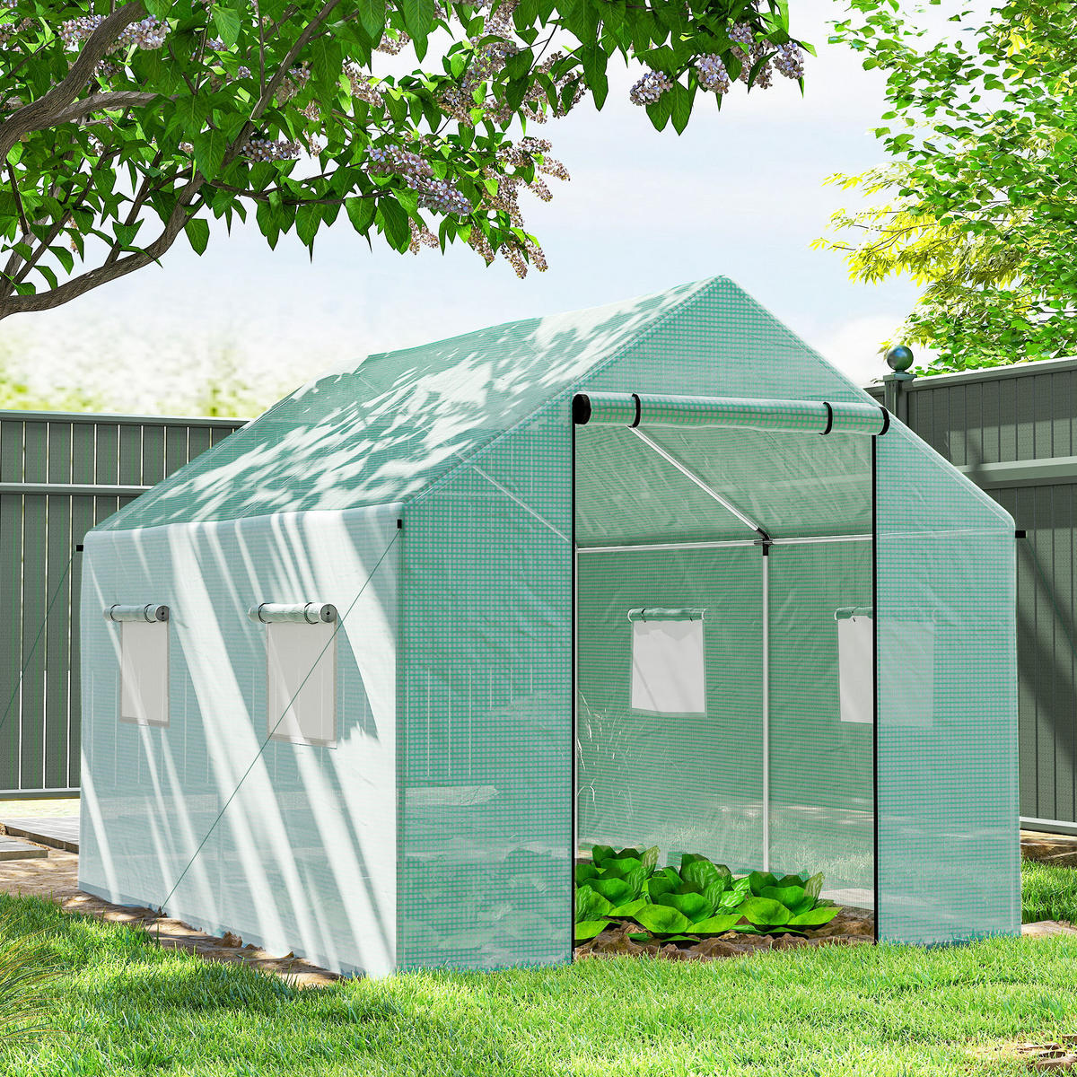 FOLIENGEWÄCHSHAUS, 2 x 3 x 2 m Gewächshaus, Treibhaus mit Rollfenster, Rolltür - Grün, Metall (300/200/200cm) - Outsunny