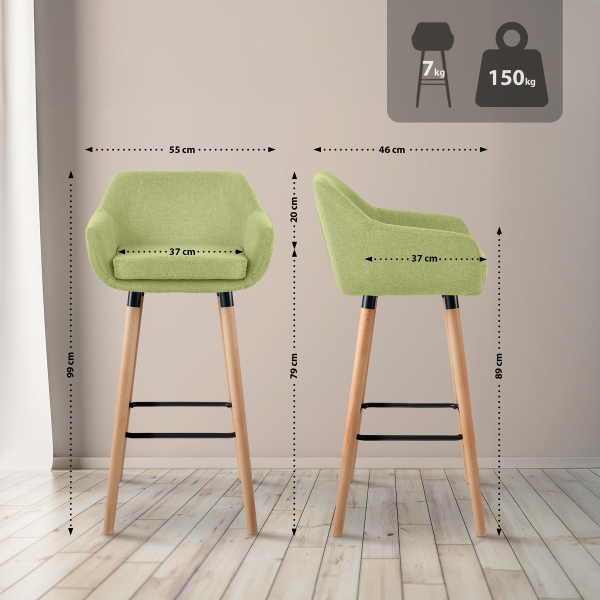 BARHOCKER Grant Massivholz 99x55x46 cm hellgrün - Hellgrün, Textil (55/99/46cm) - furnicato