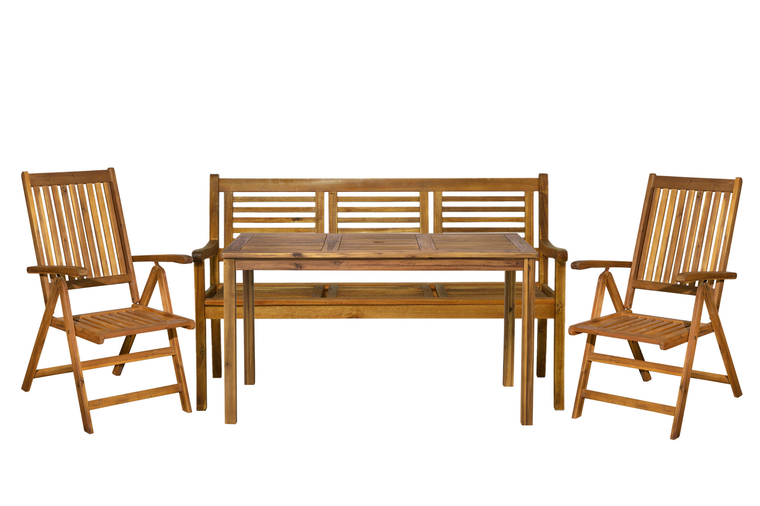 SITZGRUPPE Akana mit 2 Stühlen, 1 Bank und 1 Tisch mit Schirmloch - 135x80 cm - Akazienholz geölt - Naturfarben, Holz - TPFGarden