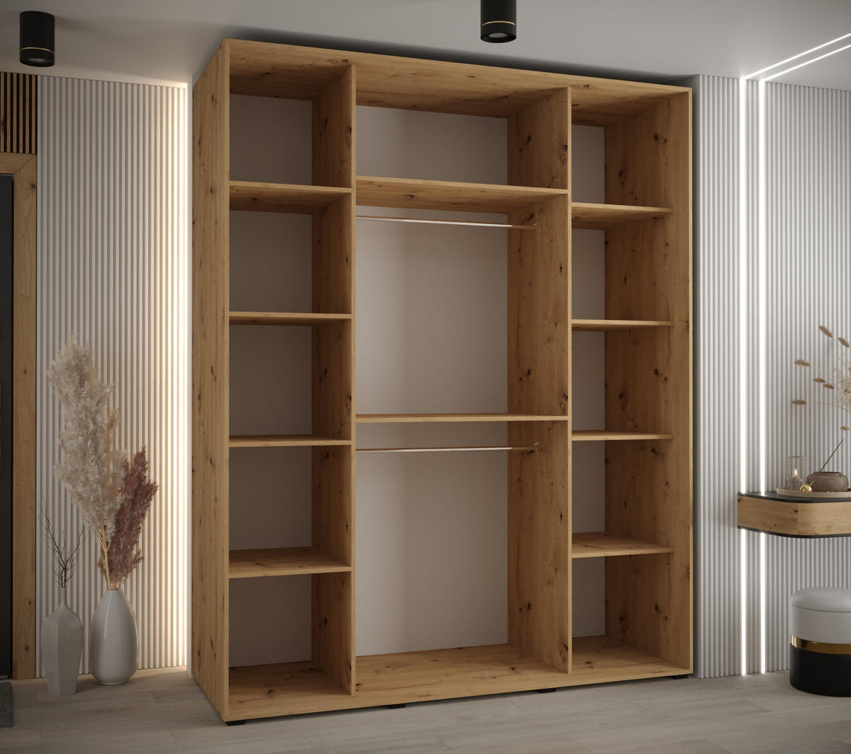 SCHWEBETÜRENSCHRANK 235,2/190/60 3-türig - Silberfarben/Eiche Artisan, Holz/Metall (190/235/60cm) - Abiks Möbel
