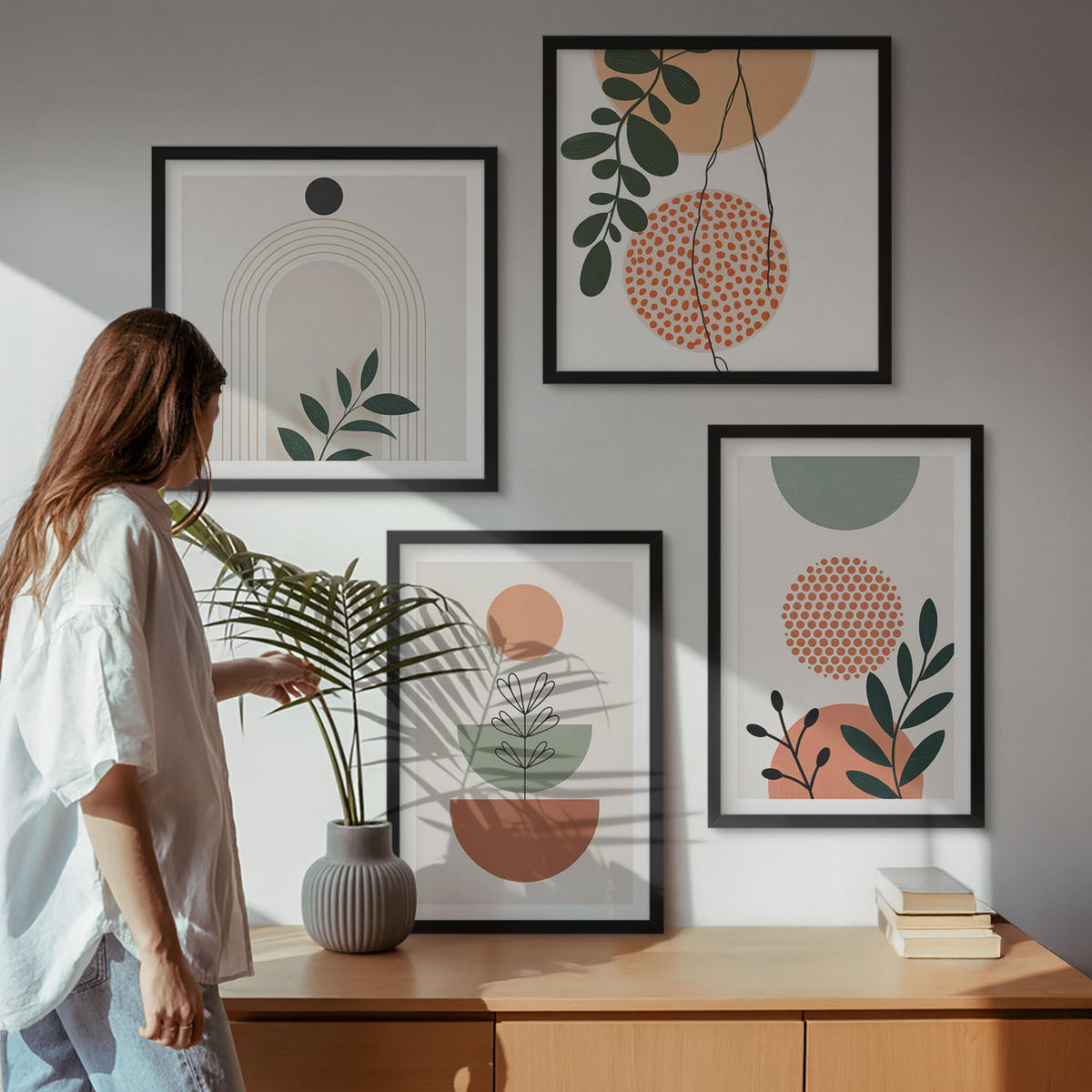 BILDER SET 4er Set - 50x50 cm & 40x60 cm Schwarzer Rahmen - Moderne Pflanzenmotive - Schwarz, Kunststoff (50/50cm) - TULUP