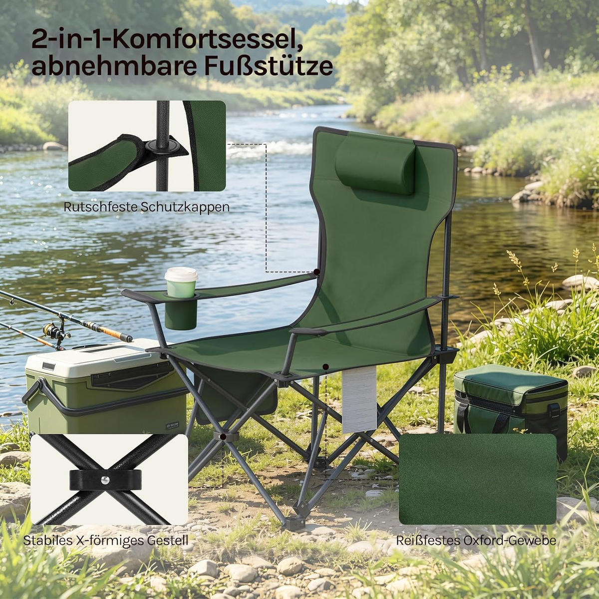 CAMPINGSTUHL Faltbar mit Fußablage Grün - Grün, Textil (84/88.5/160cm) - Woltu