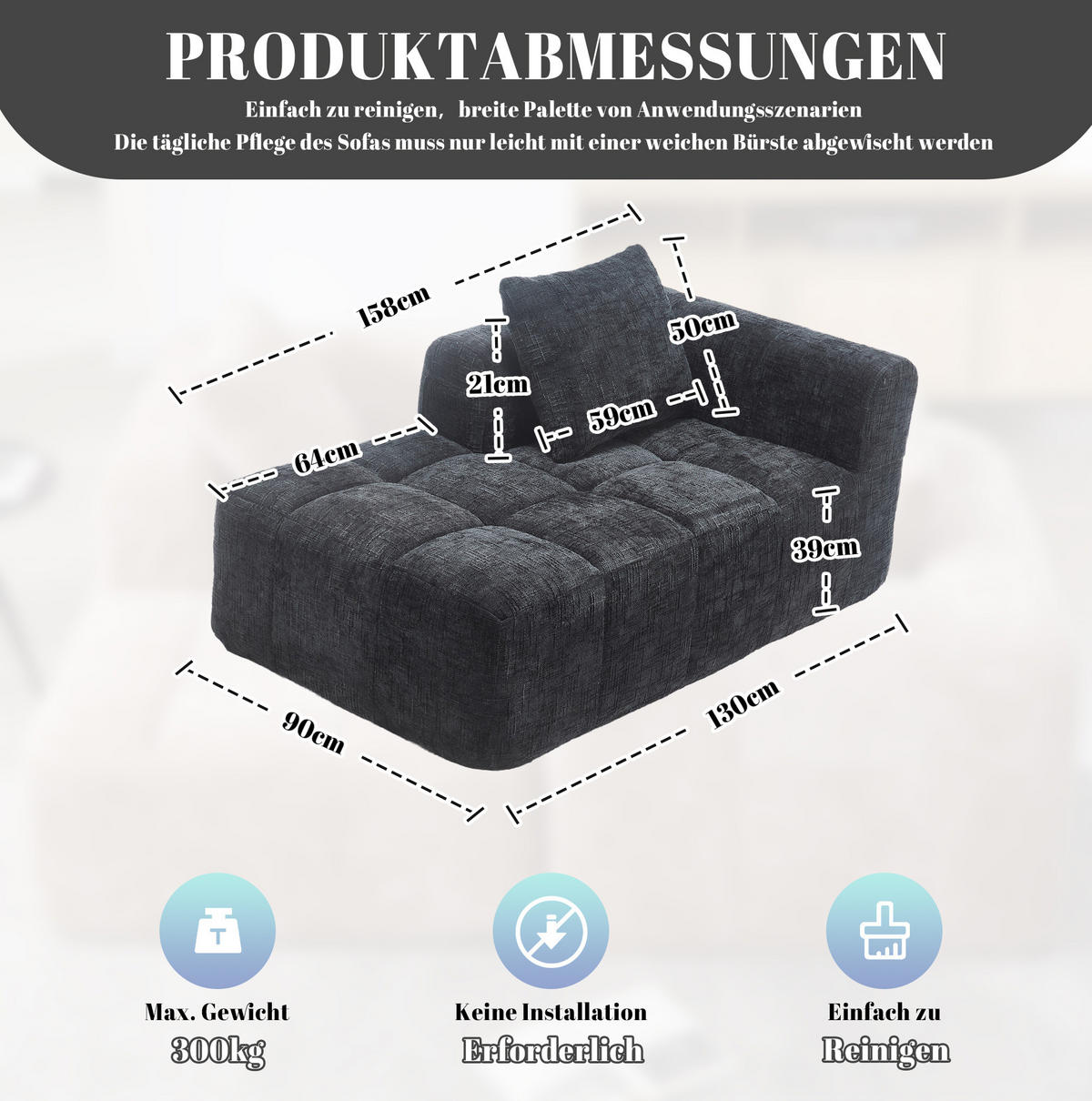 CHAISELONGUE Sofa Chenille mit Seitentaschen und Kissen 158/90/60 cm Schwarz - Schwarz, Textil (60/158/90cm) - Redom