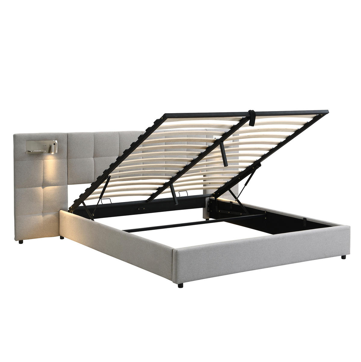POLSTERBETT mit Stauraum 180x200 cm Leinen Grau mit USB & kabellosem Laden - Grau, Metall (180/200cm) - Meubliv