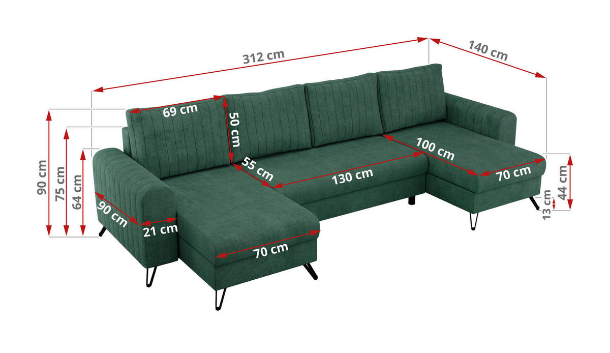 WOHNLANDSCHAFT AXEL U Struktur Grün - Schwarz/Grün, Textil/Metall (312/90/140cm) - MKS