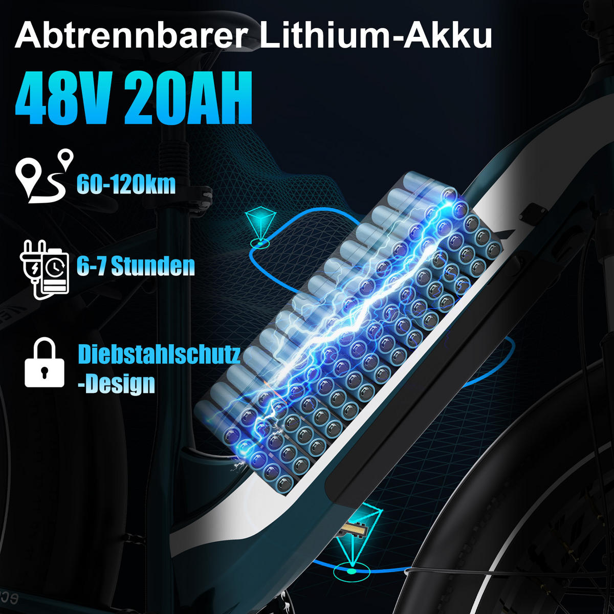 E-BIKE R3 48V-Akku mit 150 km Reichweite 3 Entsperrmethoden - Grün, Metall (87cm) - ECORUSH