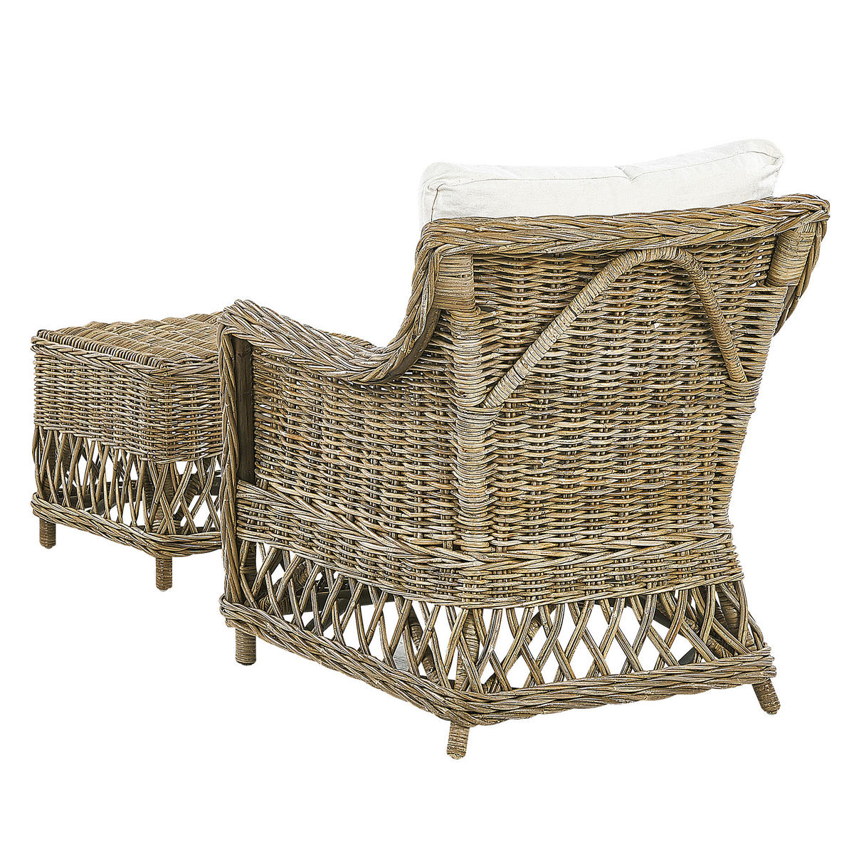 GARTENSESSEL 2er-SET mit Hocker Rattan natürlich Auflagen cremeweiß Ribolla - Beige/Naturfarben, Naturmaterialien (66/78/70cm) - Beliani