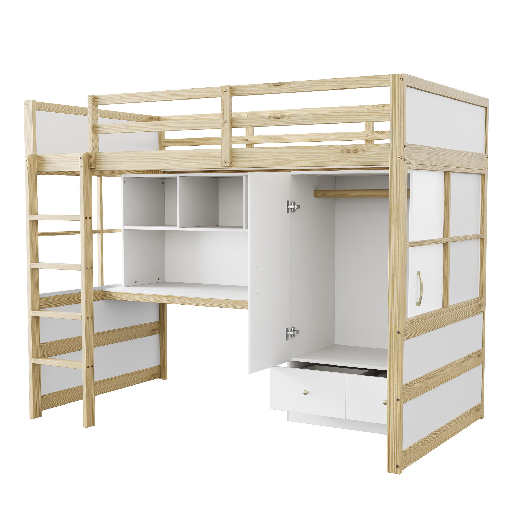 HOCHBETT 90/200 cm DE-01366, in Holzfarbe, mit Schreibtisch, Kleiderschrank und Schubladen - Naturfarben, Holzwerkstoff (90/200cm) - ComfortXL