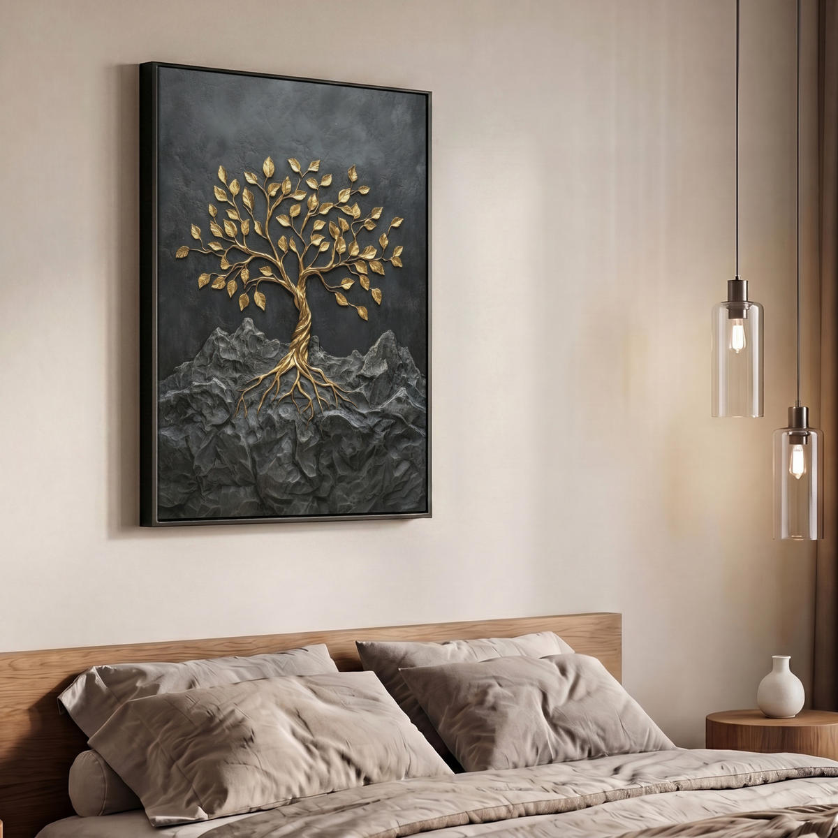 LEINWAND Bilder mit Rahmen - Blätter - Gold - Baum - Fels - 70x100 - Schwarz, Textil (70/100cm) - MuchoWow