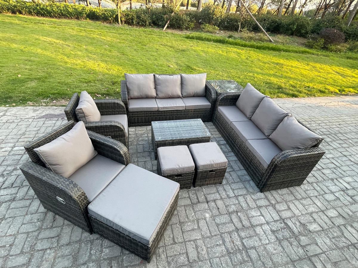 GARTENMÖBEL-SET mit Kissen Polyrattan Dunkelgrau 11-Sitzer - Dunkelgrau/Grau, Glas/Kunststoff - Fimous