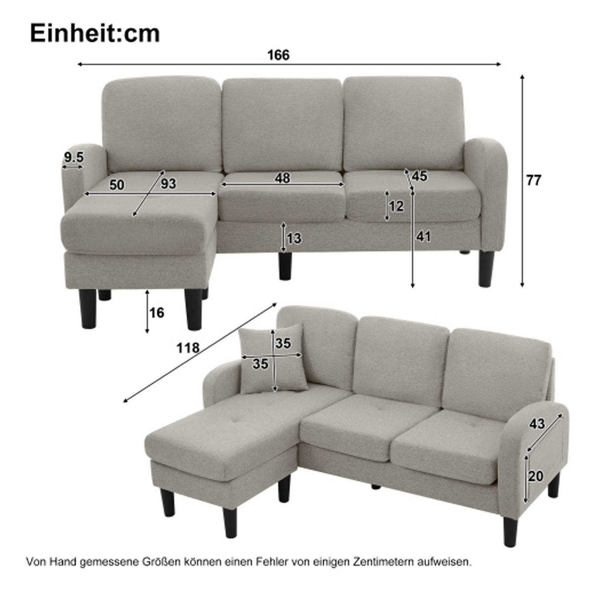 ECKSOFA 3-Sitzer Sofa, Rückenkissen, Schlaffunktion, Baumwoll-Leinenstoff, 166 x 118 x 77 cm - Grau, Textil (118/166cm) - Kaket