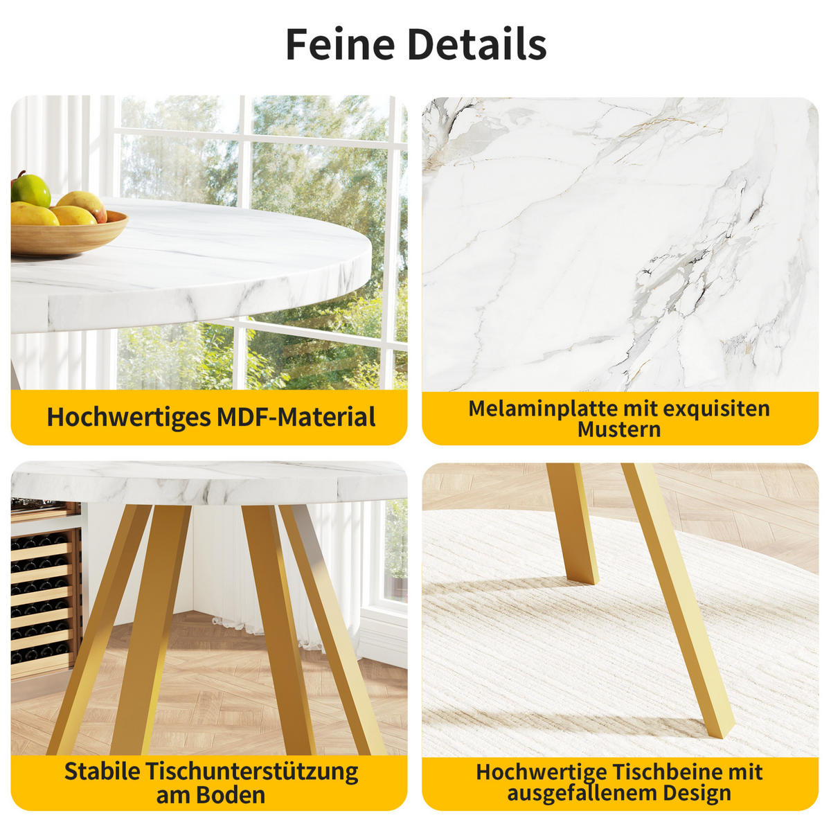 ESSTISCH, MDF-Tischplatte in Marmoroptik & Metallgestell, 80/80/75 cm, Weiß/Gold - Weiß, Holzwerkstoff (80/80/75cm) - Redom