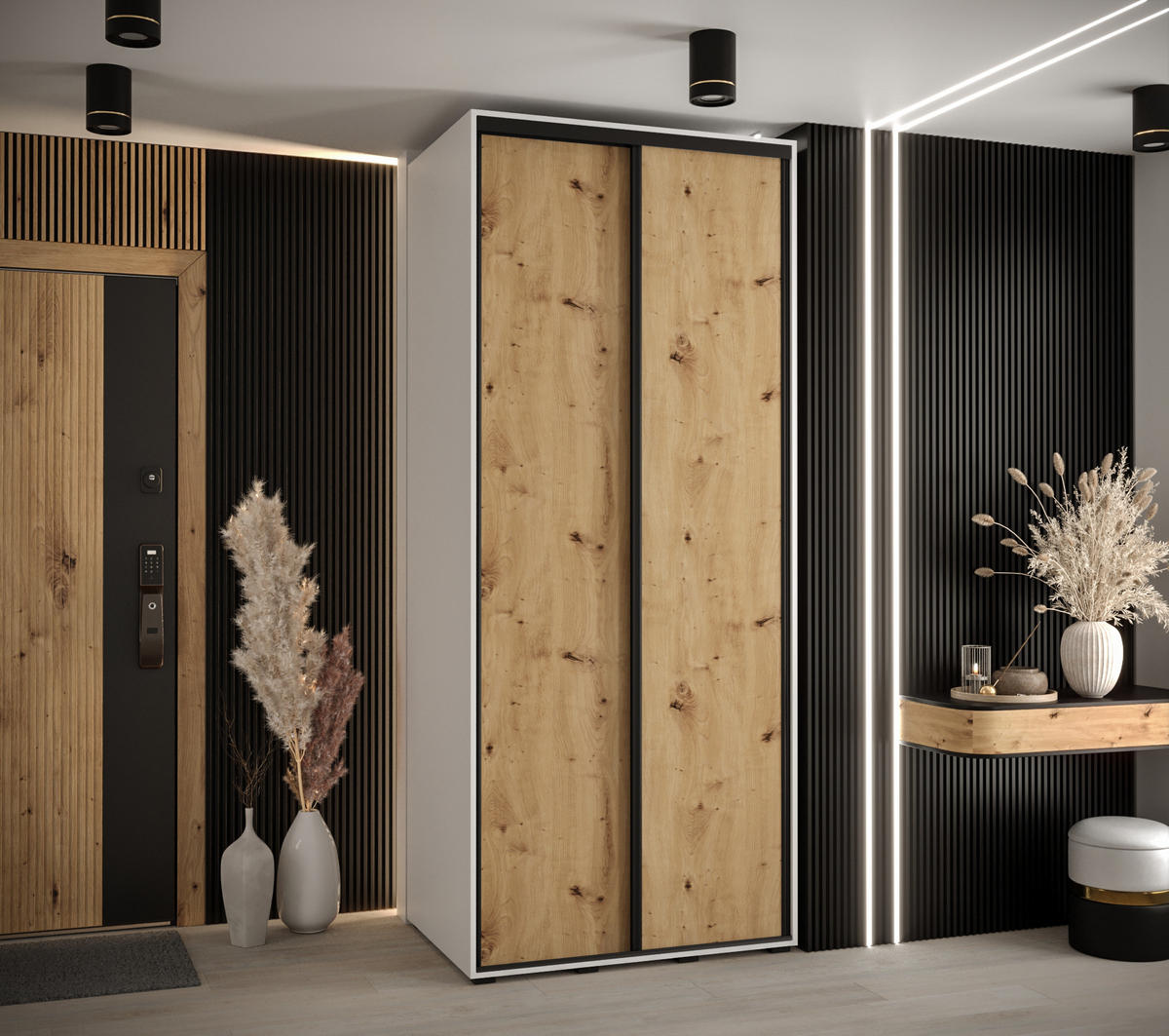 SCHWEBETÜRENSCHRANK 235,2/100/60 2-türig - Schwarz/Weiß, Holz/Metall (100/235/60cm) - Abiks Möbel