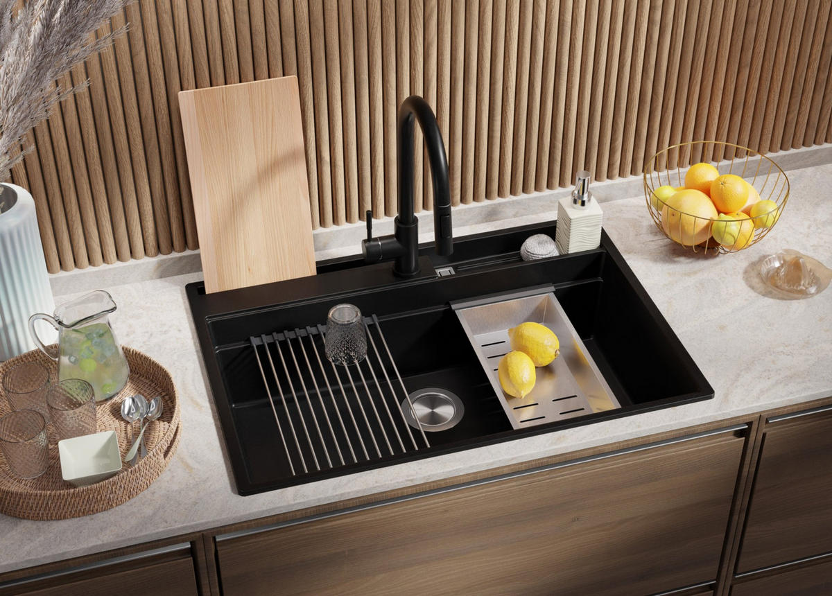 GRANITSPÜLE Oslo Pocket, 2-er set Schwarz 78/53 cm 1 Becken + Küchenarmatur 40/20 cm + Ablauf-Set + Küchenzubehörset ab 80er Unterschrank - Chromfarben/Beige, Kunststoff (78/20/53cm) - Primagran