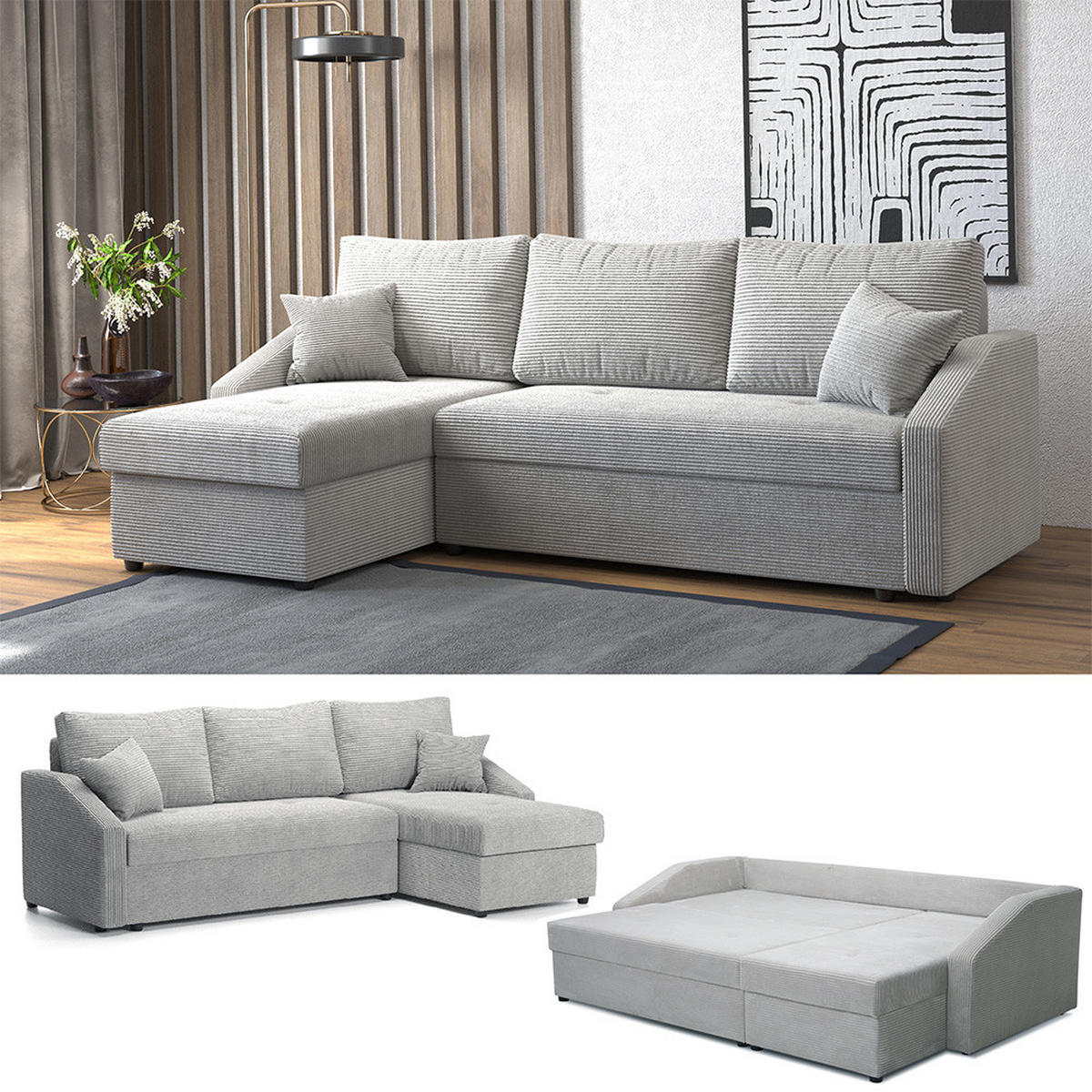 SOFA L FORM Ecksofa Beige 224 x 144 cm inkl. Stauraum - Beige, Holz (224/144cm) - VitaliSpa