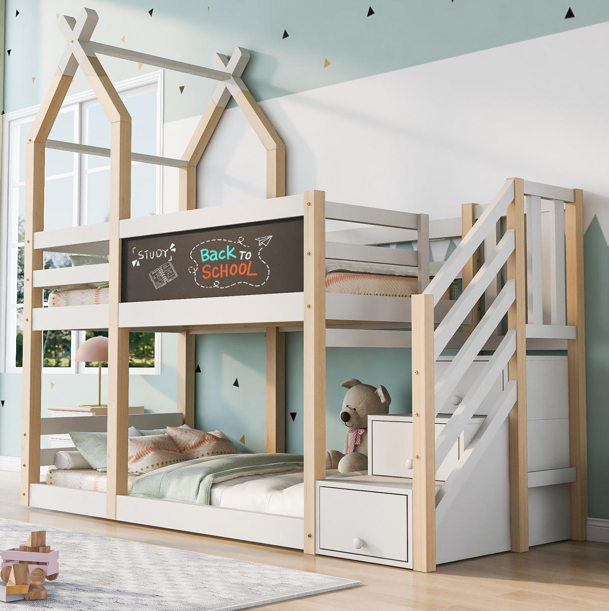 ETAGENBETT 90/200 cm mit Tafel, Stauraumtreppe aus Massivholz und MDF, Baumhaus-Design, Weiß - Weiß, Holzwerkstoff (90/90cm) - Redom