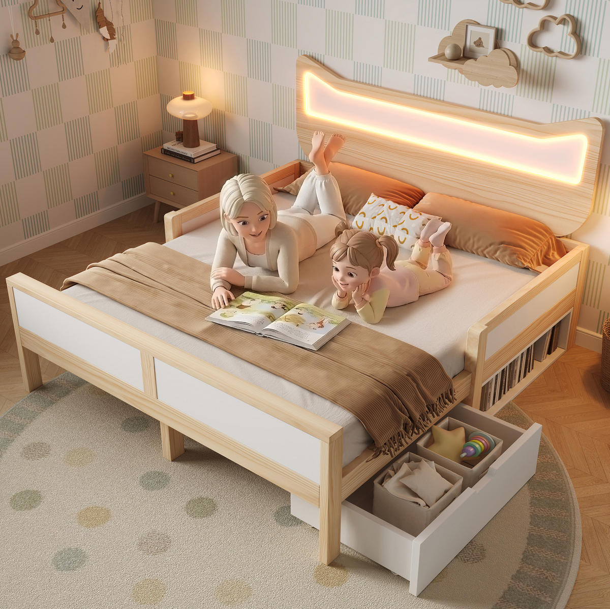 KINDERBETT 140/200 cm aus Holz mit LED-Katzenkopfteil und Stauraum Weiß/Eiche - Eichefarben, Holz (140/200cm) - Modenvie