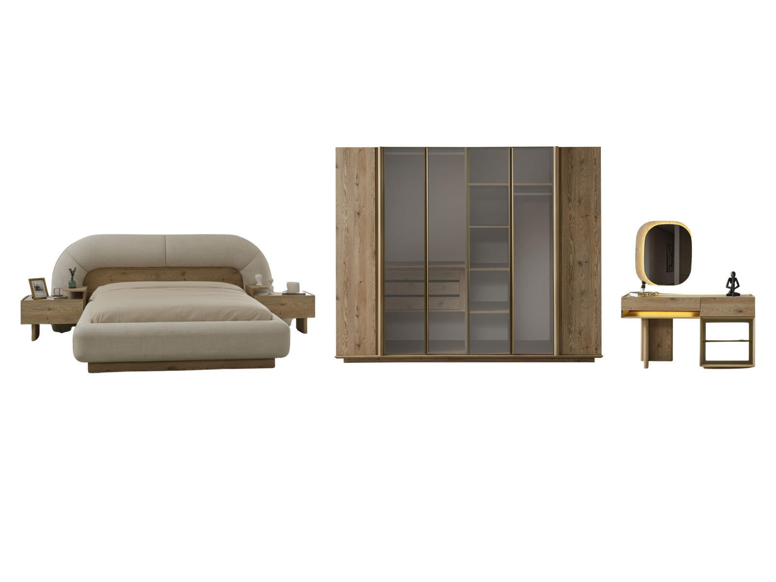 BETTANLAGE Anka Typ-1 Bett mit Kopfteil, 2 Nachttische, Kleiderschrank und Kommode - Eichefarben, Holzwerkstoff (160/200cm)