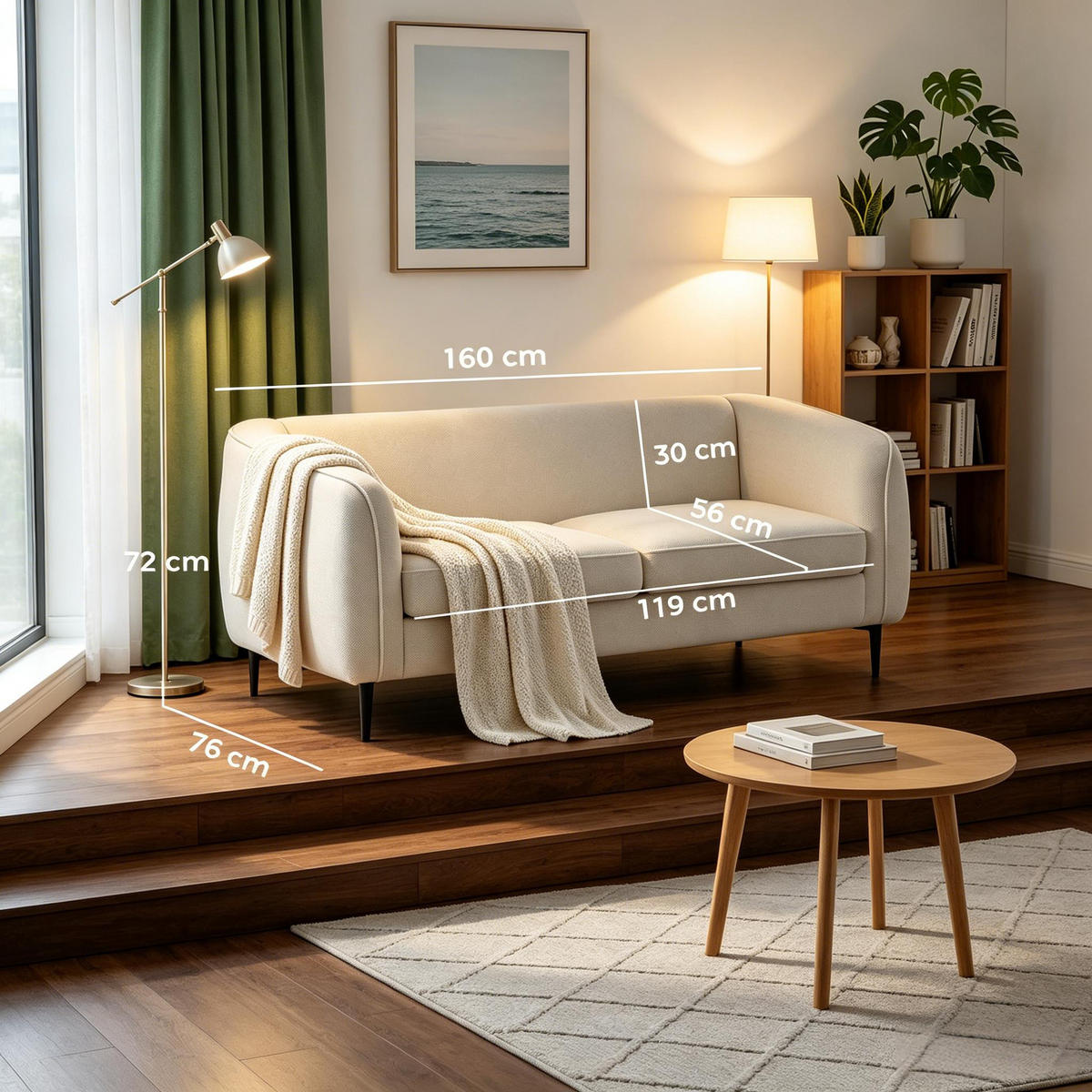 2-SITZER-SOFA DE-33492 Curved-Design mit Taschenfederkern Beige - Beige, Holzwerkstoff (160/72/76cm) - ComfortXL