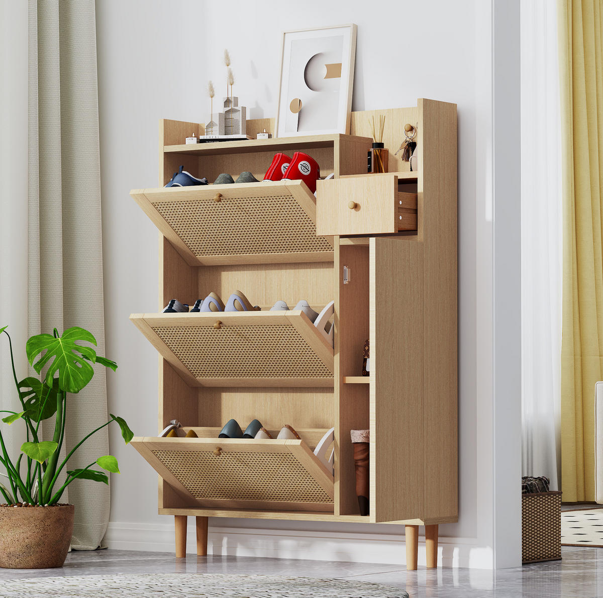 SCHUHSCHRANK 90/125/17 cm in Natur mit 3 Klappen und 1 Schublade - Naturfarben, Holzwerkstoff (90/125/17cm) - Flora Grace