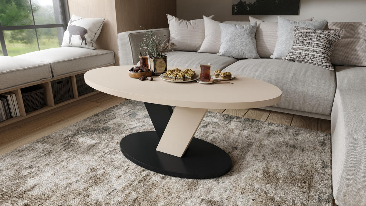 COUCHTISCH Oval Beige - Schwarz mit Ablage - Beige/Schwarz, Holzwerkstoff (60/110/45cm) - designimpex