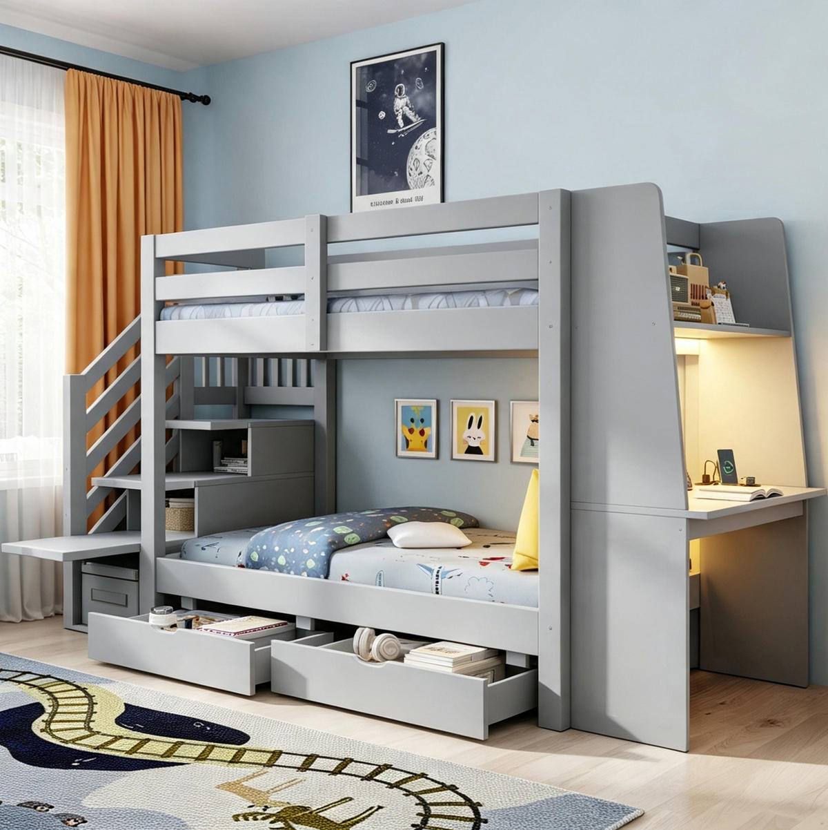 ETAGENBETT aus Holz 90x200 cm Grau mit Stauraumtreppe, Schreibtisch, LED und Steckdose - Grau, Holz (90/200cm) - Modfu