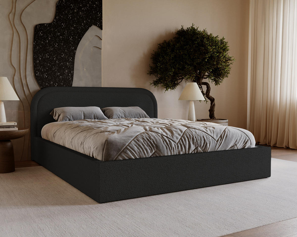 DOPPELBETT 180x200 Dune mit Bettkasten, runde Kopfteil, Bouclé, Schwarz - Schwarz, Holz/Textil (180/200cm) - Emporius