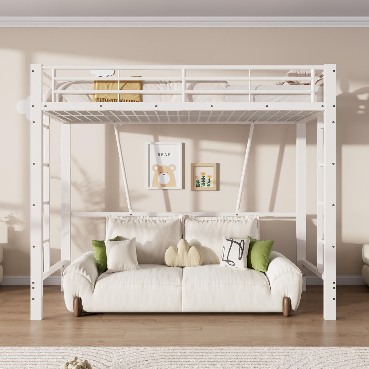 HOCHBETT 90/200 cm in Weiß mit Doppelleiter, Schutzgeländern und offenem Raum unter dem Bett aus Metall - Weiß, Metall (90/200cm) - STILVORA