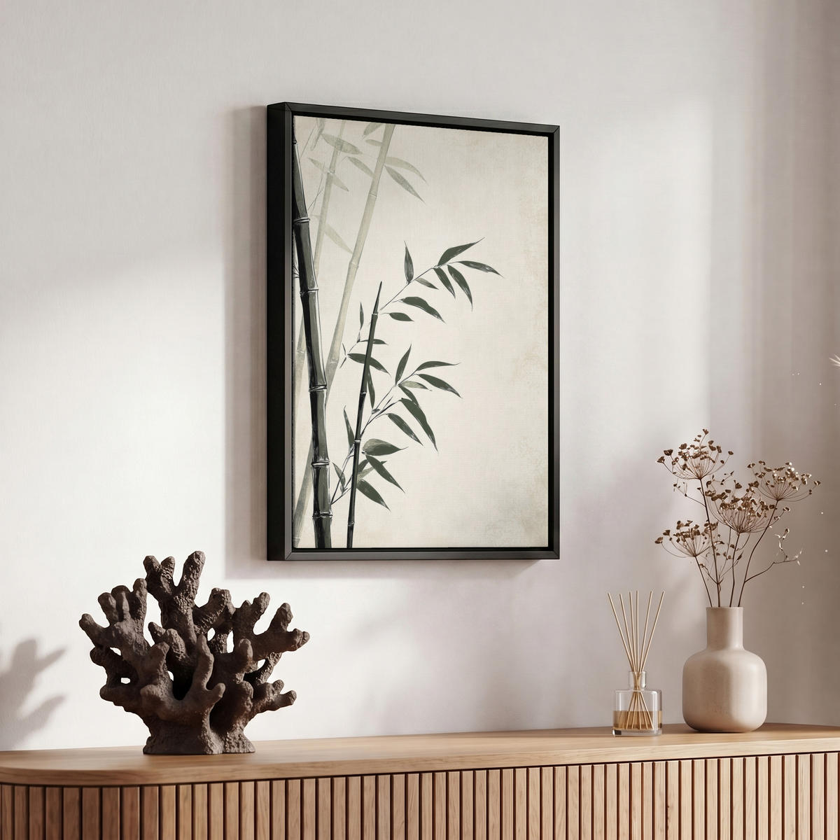 LEINWAND Bilder mit Rahmen - Japandi - Bambus - Beige - 20x30 - Eukalyptusholzfarben, Textil (20/30cm) - MuchoWow