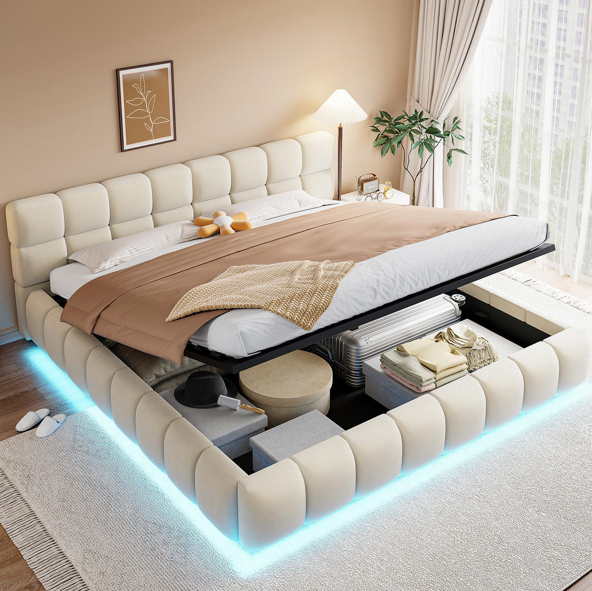 POLSTERBETT 180/200 cm aus Samtstoff mit LED-Beleuchtung und hydraulischem Stauraum Beige - Beige, Textil (180/200cm) - Modenvie
