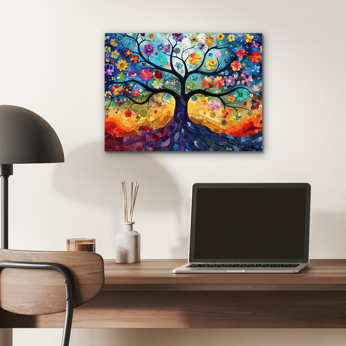 KOVOVÝ OBRAZ Umenie - Strom života - Kvety - Hippie 40x30 cm - tmavomodrá, kov (40/30cm) - MuchoWow