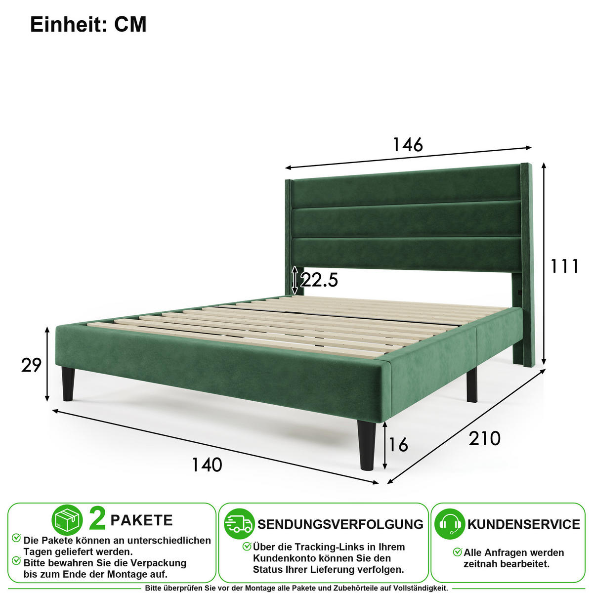 POLSTERBETT 140/200 cm in Dunkelgrün Samt mit Lattenrost, Kopfteil und Matratze - Dunkelgrün, Holzwerkstoff/Textil (140/200cm) - CHICFURN