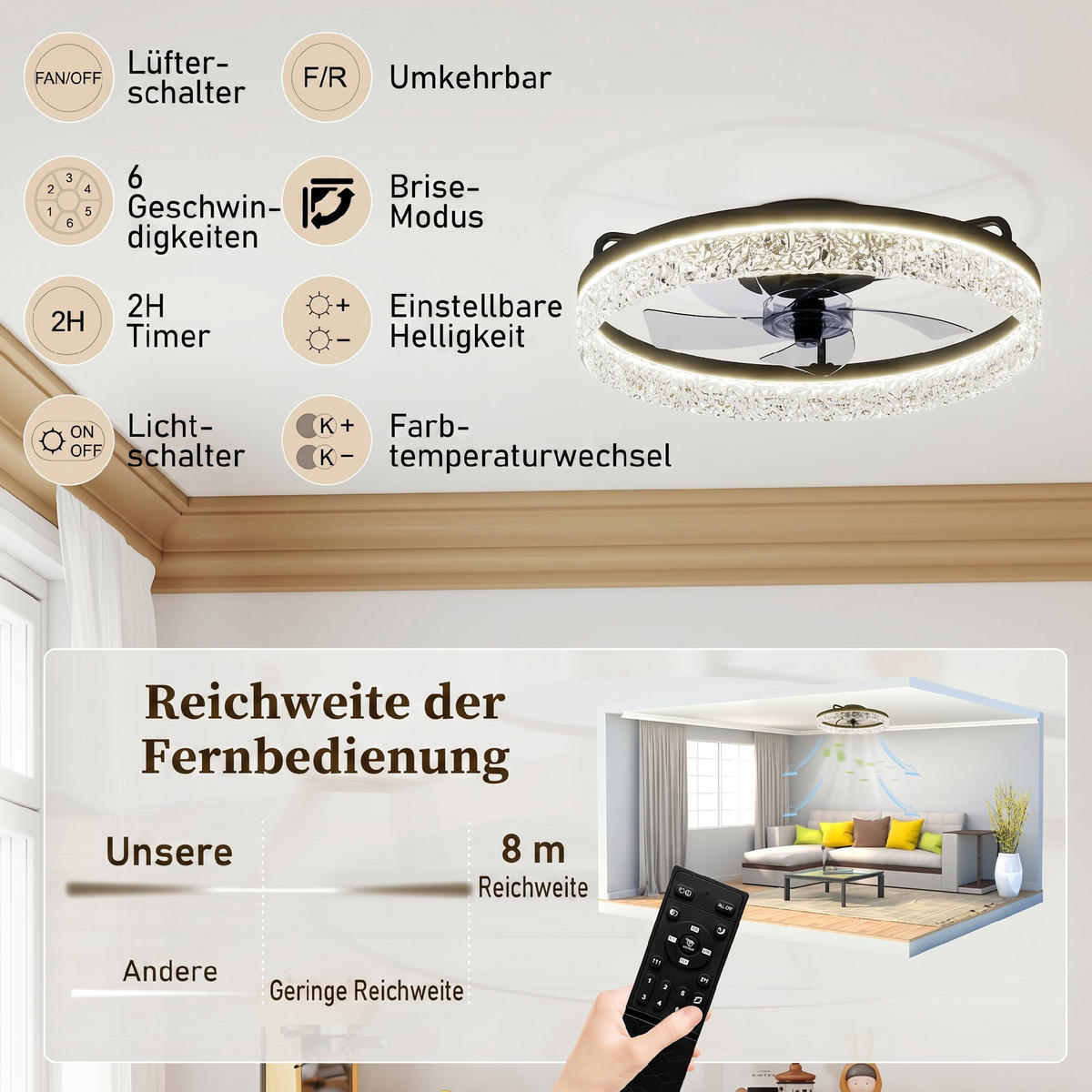 DECKENVENTILATOR-MIT-BELEUCHTUNG Stahl Schwarz - Schwarz, Metall (50/50/14cm) - HOMCOM